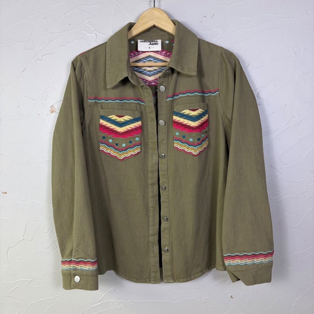 Savanna Jane Embroidered Aztec Shacket Women Small Olive Green Southwestern Boho